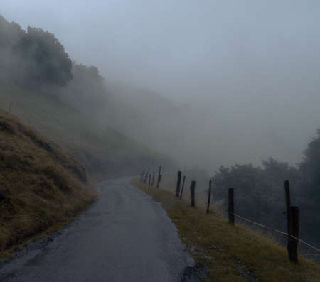 Mountain road winding its way through the fog. Among the mist you can make out the shapes of the trees and the slope on which the road is built. On the edge of the street there are wooden posts.の写真素材