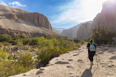 woman walks on a dirt road next to the river between mountains and hills on a sunny day with a blue skyの写真素材