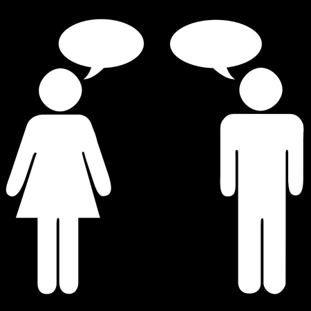 Male and female silhouettes with speech bubblesの写真素材