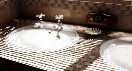Modern bathroom with light coming through the blinds. Artistic grain added to dramatize the interior.の写真素材