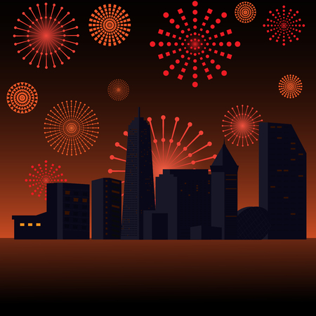 Fireworks lighting up the sky behind buildingsのイラスト素材