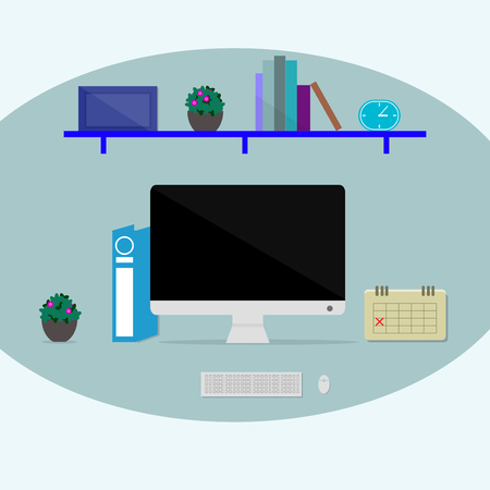 Work space with computer , calendar and shelf shelvesのイラスト素材