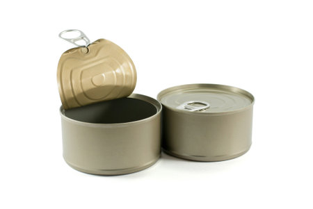 Closeup, tin cans opened and closed on the white background with clipping path.