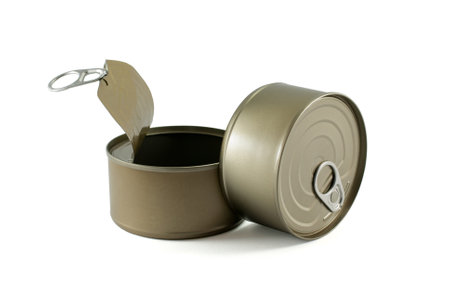 Closeup, tin cans opened and closed isolated on the white background.