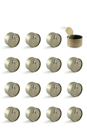 Opened cans among many closed ones on a white background think different concepts.
