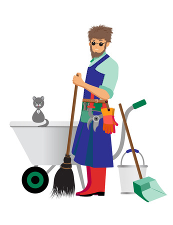 guy gardener stands with a broom next to a garden trolleyのイラスト素材