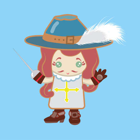 the musketeer stands with a raised sword and an open palmのイラスト素材