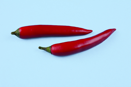 Red chilli papper on trendy blue background. Flat lay style. Colorful diet and healthy food concept.の写真素材