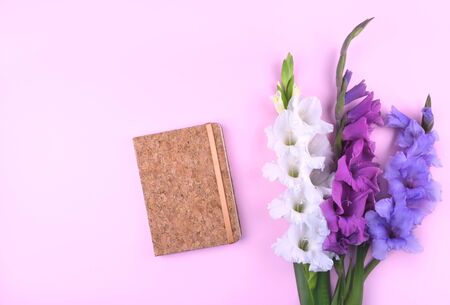 Beautiful gladiolus flowers with notebook on trendy pink background. Flat lay style with place for your text.の写真素材