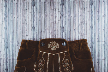 Oktoberfest beer festival background on wooden table. Flat lay style.の写真素材