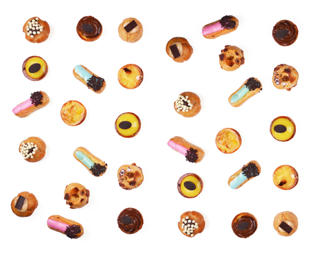 Delicious various pastries isolated on white background. Flat lay style.の写真素材