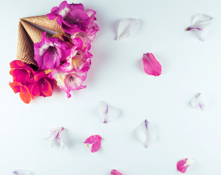 Waffle cone with composition of flowers. Flat lay style.の写真素材