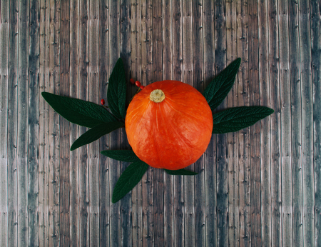 Tasty appetizing fresh autumn seasonal vegetables on old wooden background. Flat lay style.の写真素材