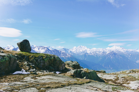 View of beautiful landscape in the Alps with snow-capped mountain tops.の写真素材