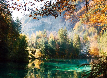 Autumn time at romantic forest lake Blausee, one of the best known mountain lakes in Switzerland.