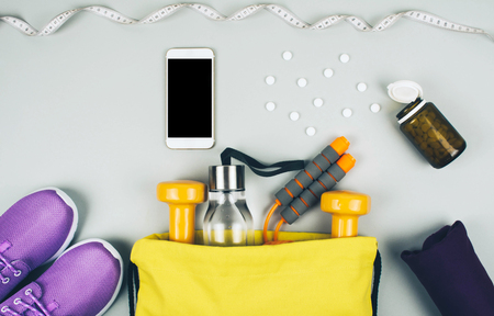 Fitness abstract healthy lifestyle concept. Flat lay style.の写真素材