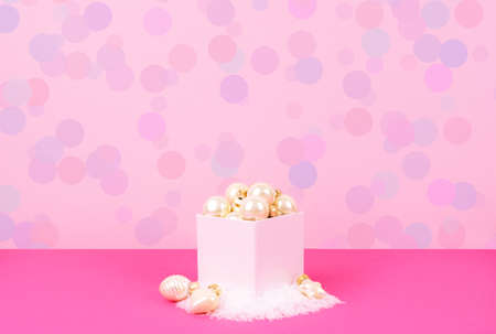 Christmas tree balls on a blue background with a place for your text.の写真素材