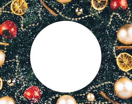 Creative frame of christmas tree branches and decorations with space for text. Top view. For christmas and new year.の写真素材
