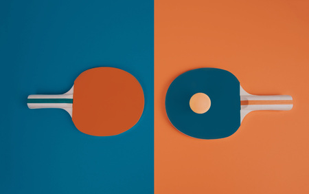 Table tennis or ping pong rackets and balls.の写真素材