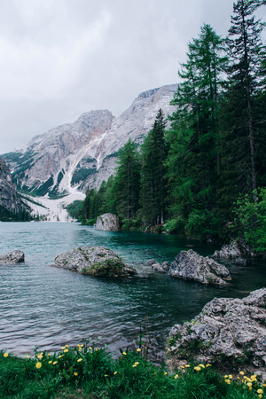 Beautiful view of Lago di Braies or Pragser wildsee, Trentino Alto Adidge, Dolomites mountains, Italy.の写真素材