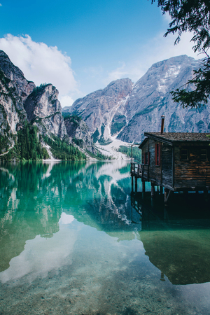 Beautiful view of Lago di Braies or Pragser wildsee, Trentino Alto Adidge, Dolomites mountains, Italy.の写真素材