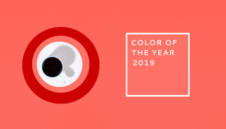 Stylish morning coffee setup. Creative minimal concept. Color of the year 2019.の写真素材