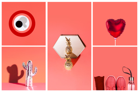 Collage inspired by color of the year 2019 - Living Coral. Creative minimal style.の写真素材