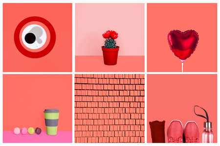 Collage inspired by color of the year 2019 - Living Coral. Creative minimal style.の写真素材