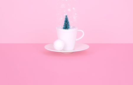 Creative Christmas design on pink pastel color background with Christmas tree. Xmas and holiday concept.の写真素材