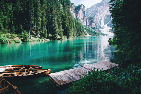 Beautiful view of Lago di Braies or Pragser wildsee, Trentino Alto Adidge, Dolomites mountains, Italy.の写真素材