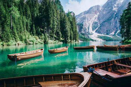 Beautiful view of Lago di Braies or Pragser wildsee, Trentino Alto Adidge, Dolomites mountains, Italy.の写真素材