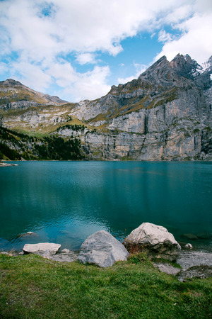 View of Oeschinen Lake in the Swiss alps with beautiful turquoise water. Nature and travel concepts.の写真素材