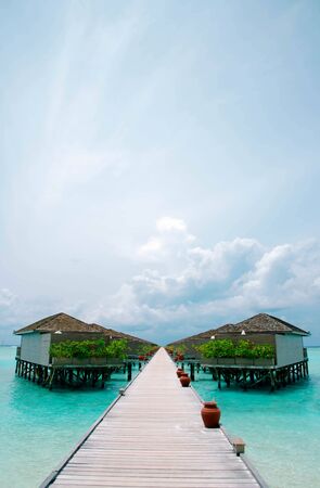 Meeru Island Maldives April 2019. - Amazing tropical Overwater Bungalow Resort on the beach.のeditorial素材