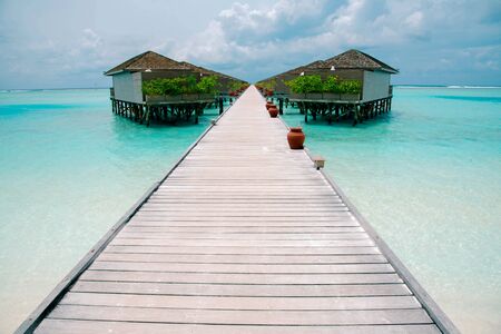 Meeru Island Maldives April 2019. - Amazing tropical Overwater Bungalow Resort on the beach.のeditorial素材
