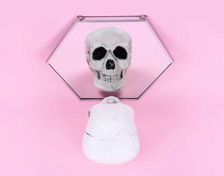 Skull on trendy pastel pink background. Creative Halloween concept.