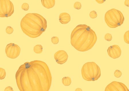 Yellow pumpkin on pastel yellow background. Creative autumn pattern.の写真素材