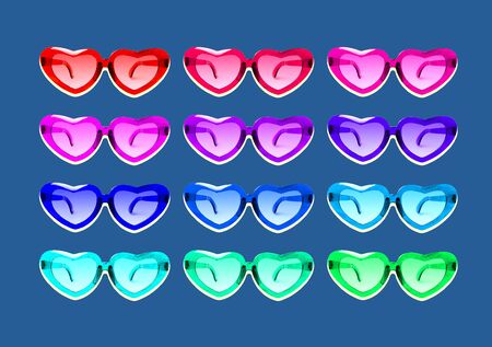Pattern of heart shaped sun glasses on blue background. Trendy color 2020.の写真素材