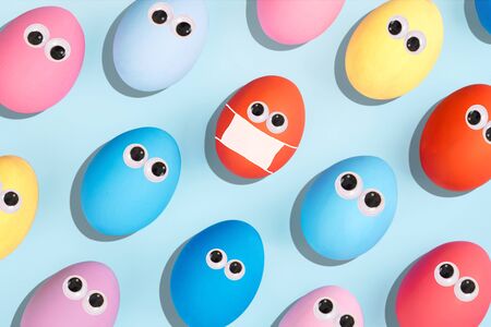 Painted eggs on pastel background. Stay at home concept. Self isolation.の写真素材