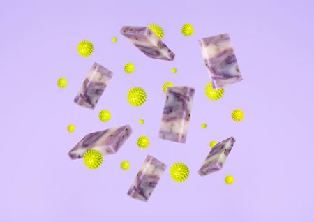 Levitating soap bars and virus. Cleaning Hands Concept.の写真素材