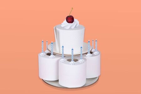 Toilet Paper Rolls as a Cake On Orange Background. Concept photography.の写真素材
