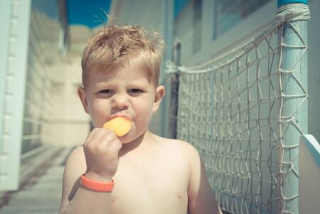 Little boy eating an icecream at the beach houseの写真素材