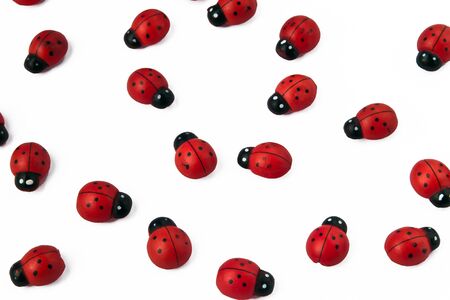 Group of ladybirds made of woodの写真素材