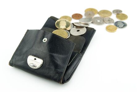 Old purse with scandinavian coins in different colors and sizes floating out
