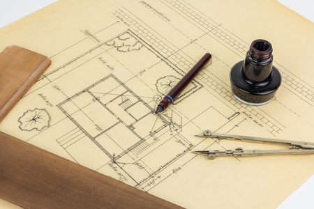 Plan, pen, ink, compass and rulerの写真素材