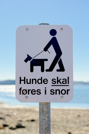 Dogs on a leash sign on a beach, written in danishの写真素材