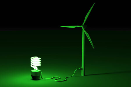 Wind energi concept - energy saving bulb connected to a wind millの写真素材