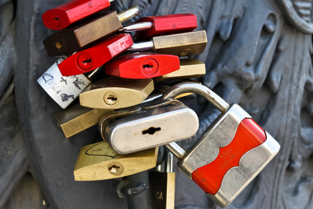 Bunch of love locks on a bridge in Berlinの写真素材