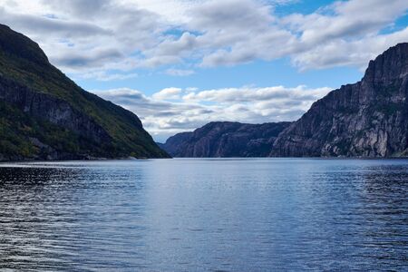 the entrance to Lysefjord, Norway, seen from a boatの写真素材