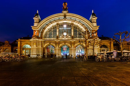 Frankfurt am Main Central train station in Germany at duskのeditorial素材