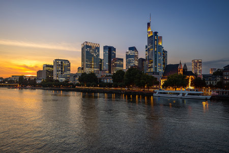 Sunset at the skyline of Frankfurt Am Main in Hessen, Germanyのeditorial素材